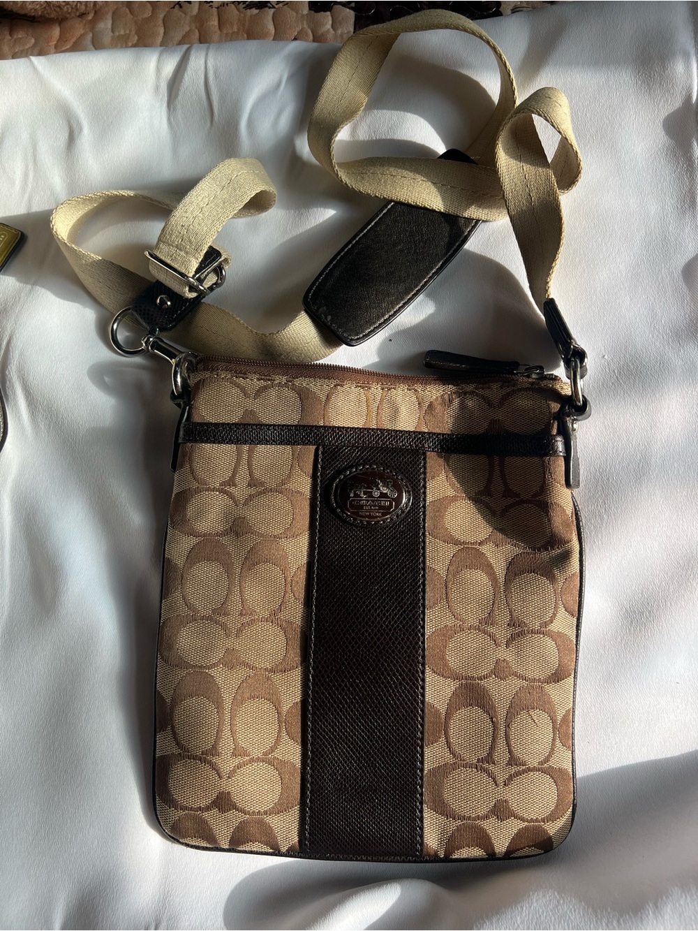 Coach Men’s Signature Messenger Bag in Beige and Brown